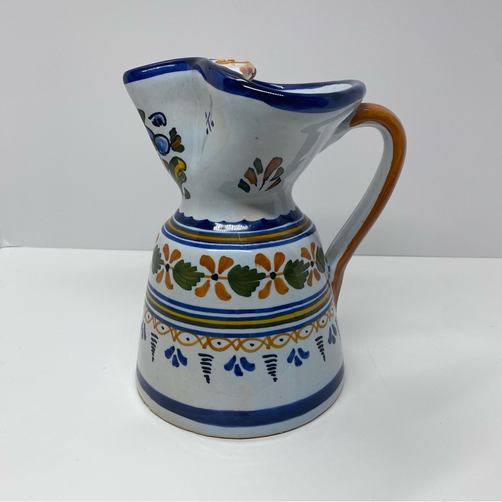 Hand-Painted Ceramic Pitcher with Blue and Orange Accents